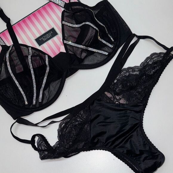 🔥Victoria's Secret Black and Silver Lace Bra Set Sz 36DD // Large new - Picture 1 of 8